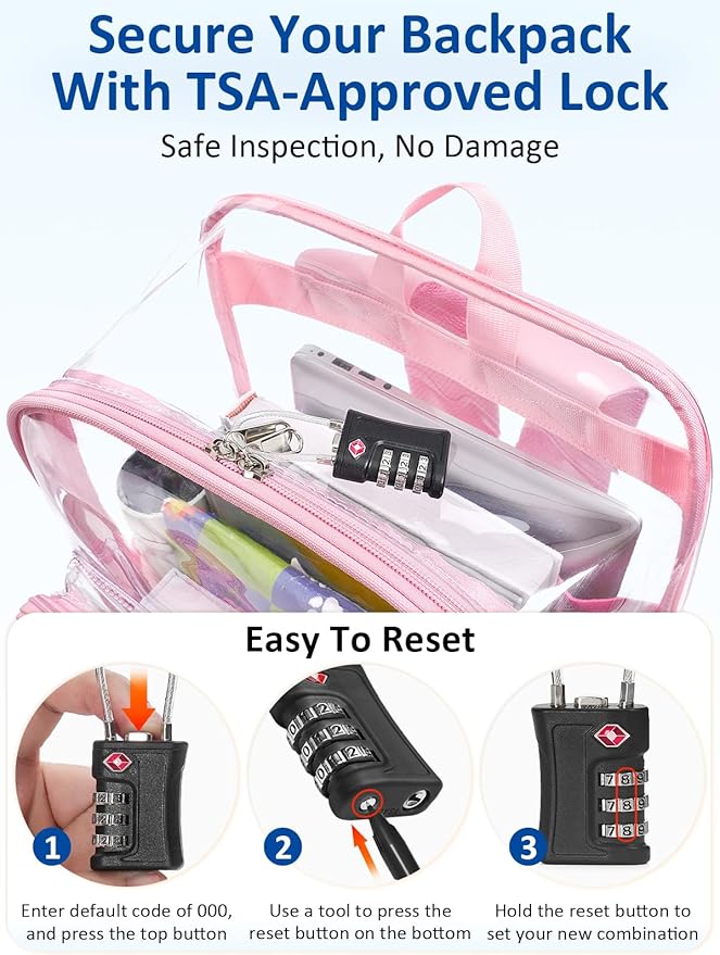 Extra Large Clear Backpack with TSA Lock, Heavy Duty Transparent See Through Clear Bookbag for College, Work, Travel, Casual Sport, Pink