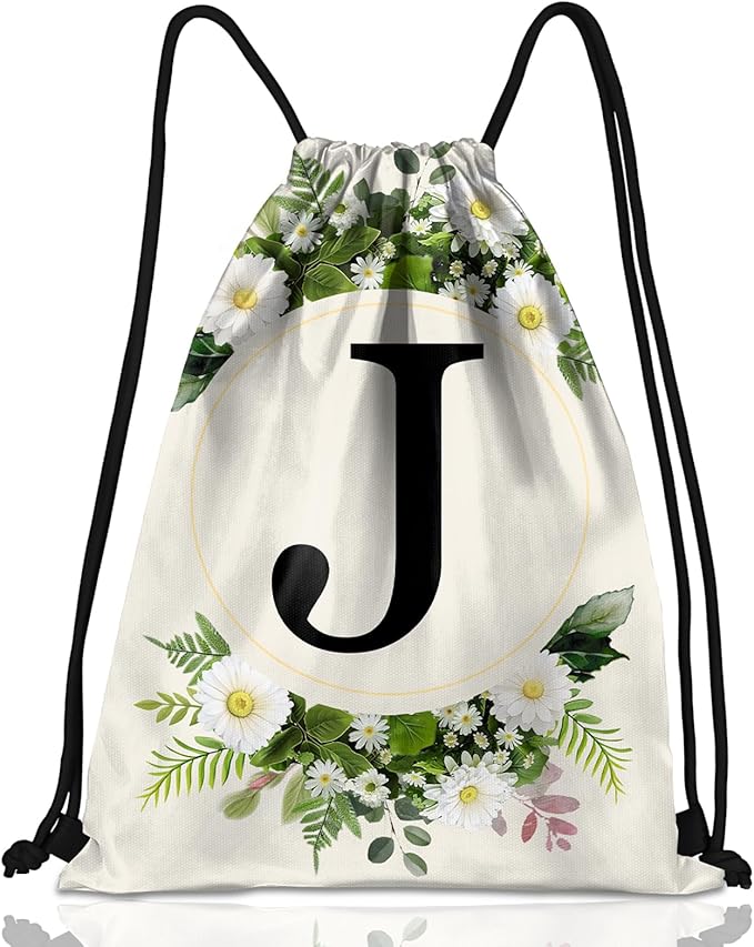 Initial Letter Drawstring Backpack String Sports Gym Bags Waterproof Sackpack Cute for Men Women Beach (13"×17") (Letter-J)