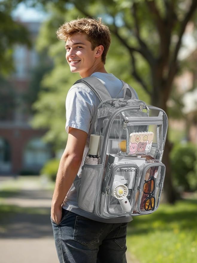 Clear Backpack Heavy Duty for Women Men Boys Girls, Clear Bookbag for School, 17 Inch Transparent Backpack with All-Around Reflective Strips for Work Casual Sport, grey