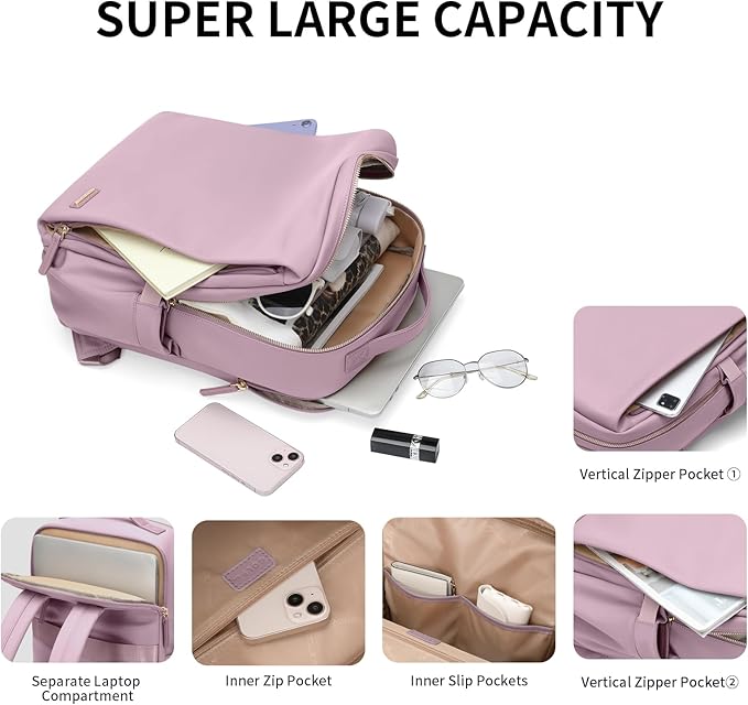 GOLF SUPAGS Stylish Laptop Backpack for Women Airline Approved Perfect for Work College and Travel Multi-Functional Casual Daypack Fits 14 Inch Notebook (Pinkish Purple)