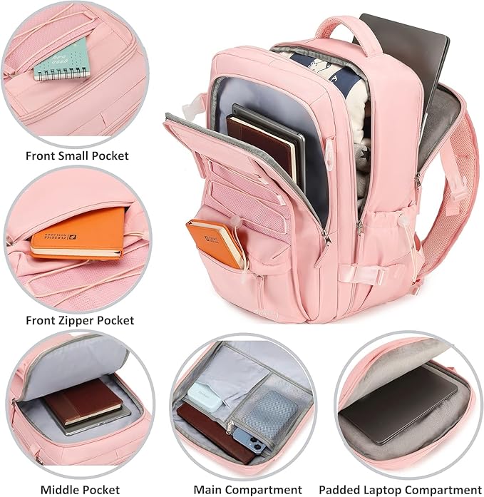 Travel Backpack for Women Men 15.6 Inch Laptop Backpacks with USB Port Carry on Bag Airline Approved Large College School Bookbags Waterproof Work Business Sport Rucksack Casual Daypack (Pink)