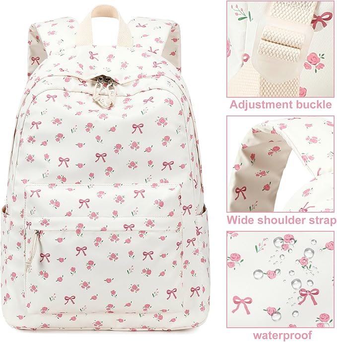 LOIDOU Backpack for Girls School Backpacks Bookbags for Elementary Middle School Women Laptop Backpacks (conquette white)