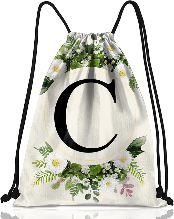 Initial Letter Drawstring Backpack String Sports Gym Bags Waterproof Sackpack Cute for Men Women Beach (13"×17") (Letter-C)