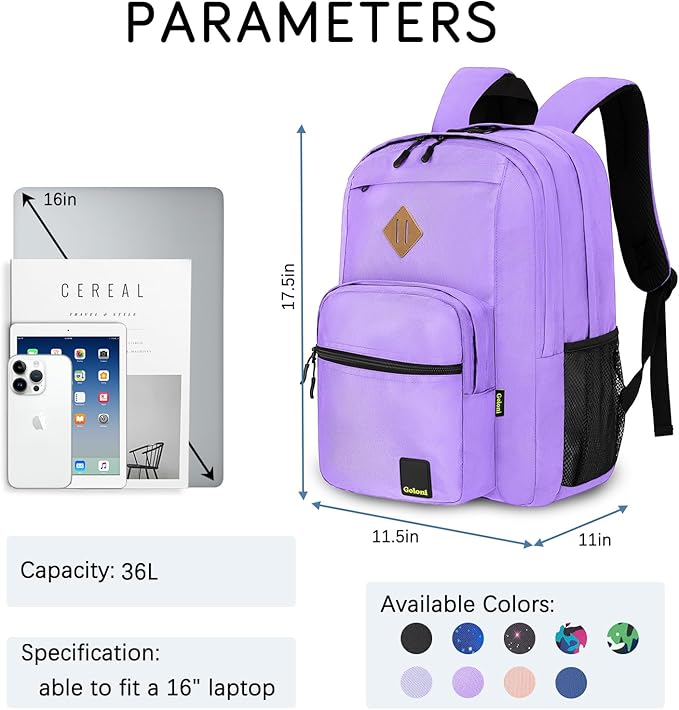 Goloni Lightweight Laptop Backpack 1.1Lbs, 36L Wear-Resistant Water Resistant Backpack with Laptop Compartment for Men Women, College Work Travel Bookbag,Purple