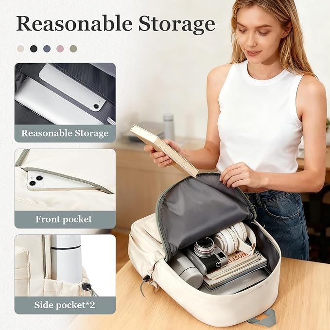 Cute School Backpack For Girls Boys Casual College Laptop Backpack Water Resistant High School Book Bag Lightweight Simple Daypack (Beige with Green)