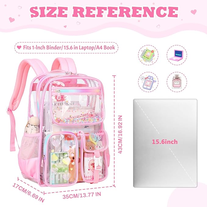 Clear Backpack for School,Heavy Duty PVC Transparent Bookbag for Girls Stadium Approved See Through Backpack