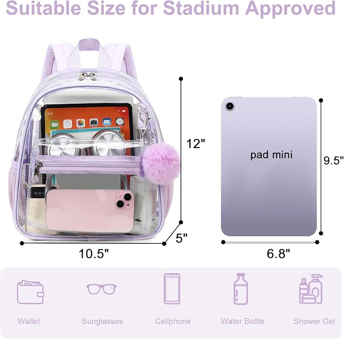BTOOP Clear Mini Backpack for Stadium Events 12x12x6 Small Transparent Backpacks Plastic See Through Clear Bag for Concerts Work Festival Security Travel Purple