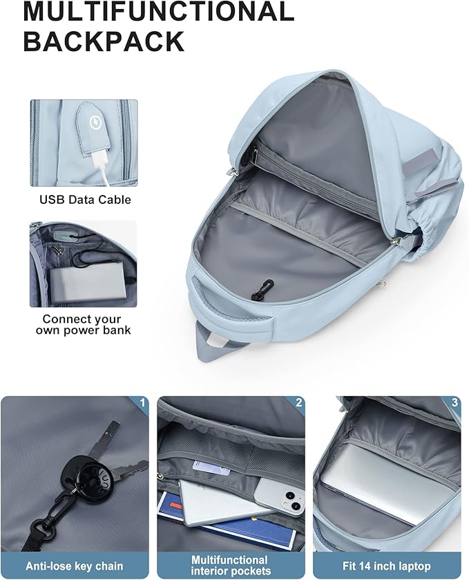 winspansy Small Backpack For School Girls Boys Aesthetic Lightweight Travel Daypack Simple Cute Backpack For Women Men College High School Bookbag Fit 14 Inch Laptop With USB charging port,Light Blue