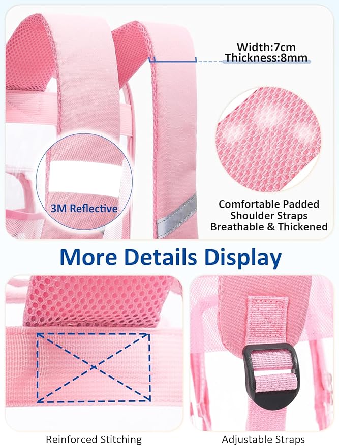 Extra Large Clear Backpack with TSA Lock, Heavy Duty Transparent See Through Clear Bookbag for College, Work, Travel, Casual Sport, Pink