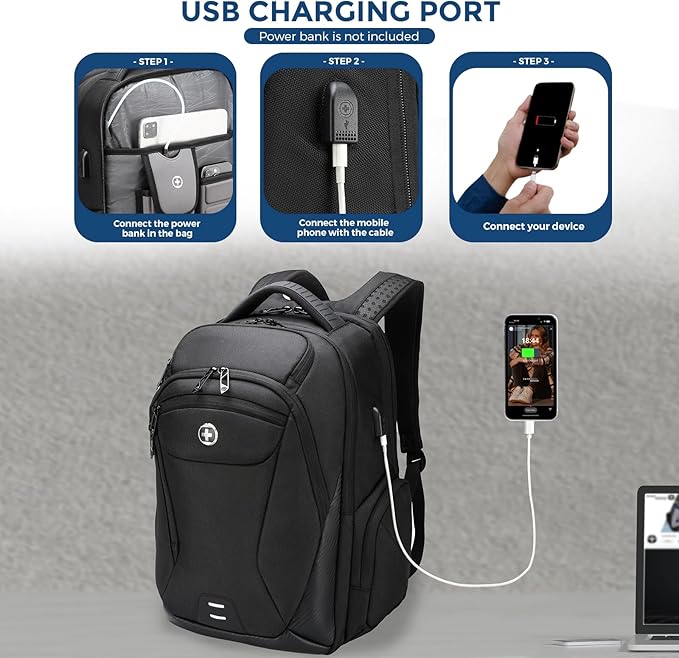 Swissdigital Design Men's Laptop Backpack for College and Business Travel with Integrated USB Charging Port and RFID Protection Fits Laptops up to 15.6 Inch, Black | SD1695-01