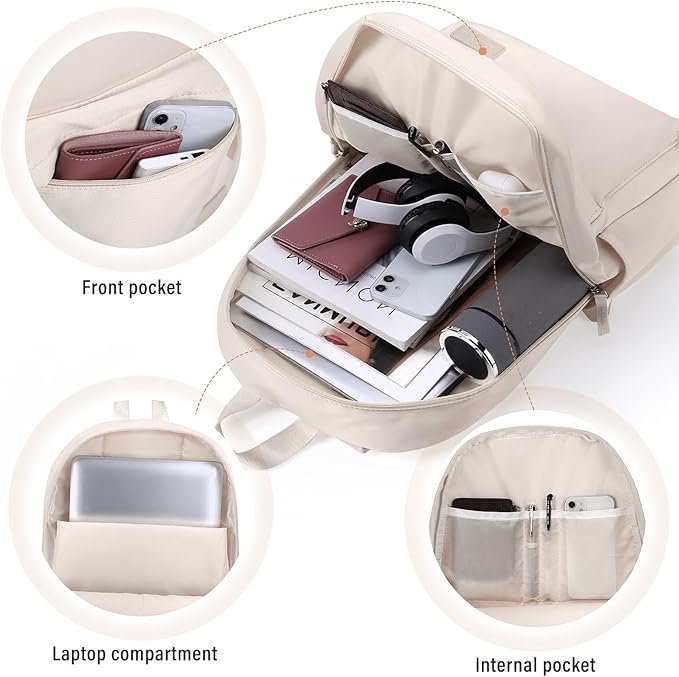 HOMIEE Lightweight Casual Laptop Backpack Fits 15.6 Inch Computer, Water-Resistant Small Daypack Cute Unisex Bookbag for Teen College Work Travel, Beige