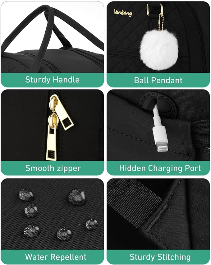 Teen Girls Backpack for School, 15.6in Laptop Backpack with Charging Hole for Travel Work, Cute Bookbag Purse Computer Daypack for Women, Black