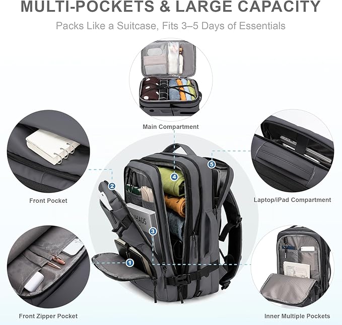 Carry On Travel Backpack, 35L-40L Expandable Extra Large Airline Approved,Lightweight Daypack for Men and Women（Gray）