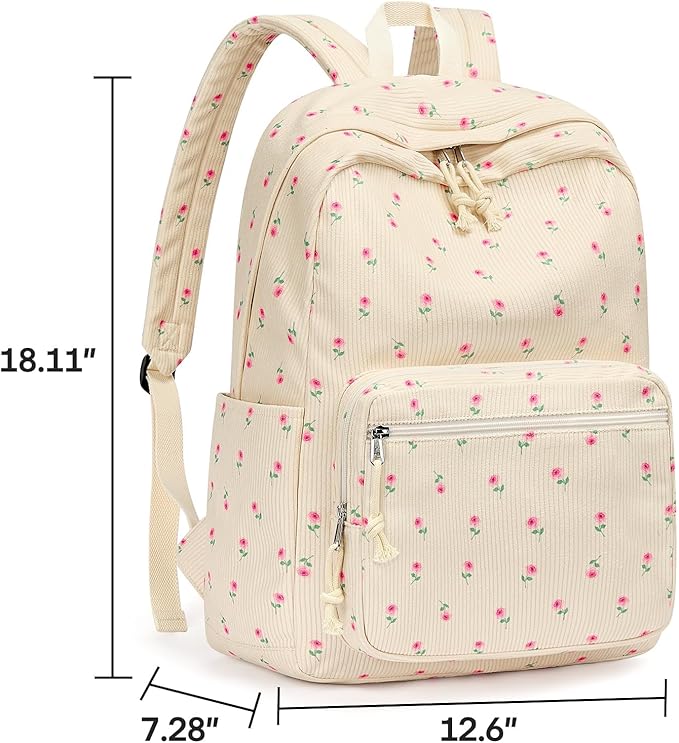 mibasies School Backpack for Girls with Laptop Sleeve: 18IN Large Capacity Corduroy Bookbag for Primary Middle School/College, Travel Daypack for Teens Women - Beige Rose