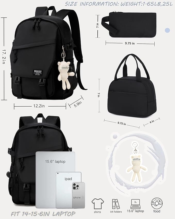 Caoroky knight College Laptop Backpack for Men Women 3 PCS Set Bookbag Large School Backpacks with Lunch Bag Pencil Case Anti Theft Travel Backpack Rucksack-Medium,Black