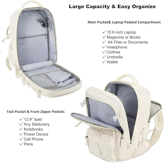 Travel Backpack for Women Men 15.6 Inch Laptop Backpacks with USB Port Carry on Bag Airline Approved Large College School Bookbags Waterproof Work Business Sport Rucksack Casual Daypack (White)