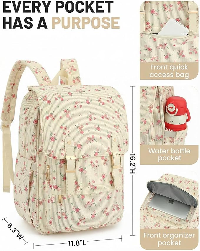Corduroy Laptop Backpack for Women, Fits 15.6 Inch Computer Bag, College High School Bookbag Travel Daypack Purse, Work Business Bags - Beige Corduroy Floral Pink