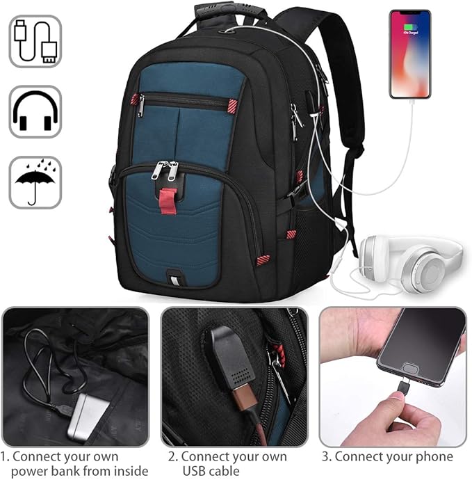 NUBILY Laptop Backpack 18.4 Inch Waterproof Extra Large TSA Travel Backpack Anti Theft College Business Mens Backpacks with USB Charging Port 17.3 Gaming Computer Backpack for Women Men Blue