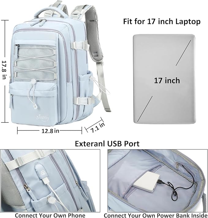Travel Backpack for Women Men 17 Inch Laptop Backpacks with USB Port Carry on Bag Airline Approved Large College School Bookbags Waterproof Work Business Sport Rucksack Casual Daypack( Blue)