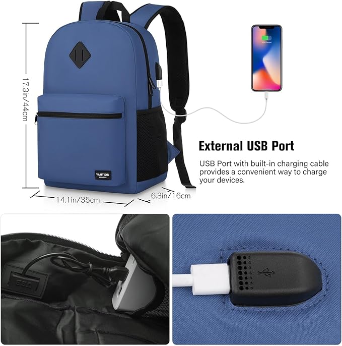 YAMTION School Backpack,Classic Bookbag Men and Teen Boy Schoolbag with USB Charging Port for High School College Office Work Travel