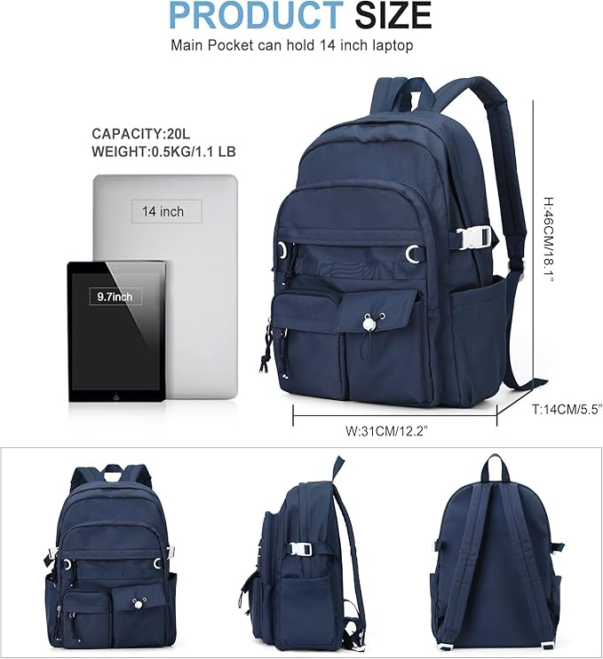 weradar High School Backpack For Women Men,Aesthetic College Backpack With Lots of Pockets,Lightweight Middle School Bag For Teens Girls Boys,Cute Bookbag(Blue)