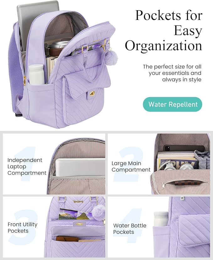 School Backpacks for Girls, Aesthetic Bookbag with Laptop Compartment for College Women Teens Middle High School, Purple