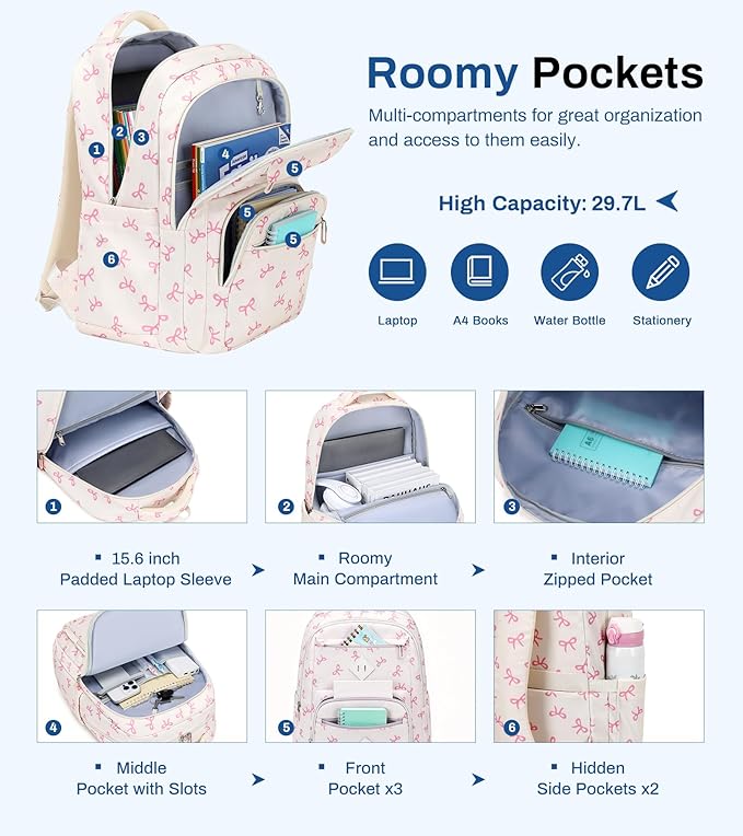 Girls Backpack, Lightweight School Backpack Multiple-pocket College Bookbag for Teen Girls Travel Backpack with Luggage Strap for Women, Beige with Pink Bow
