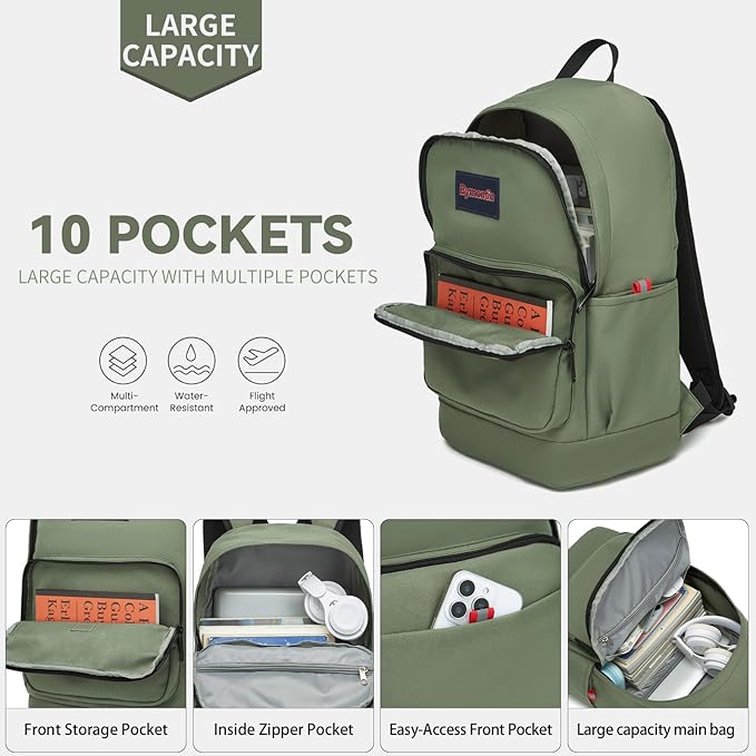Classic Casual Backpack, Lightweight Daypack with 10 Pockets, Laptop Compartment, EVA Foam Pad (Olive)