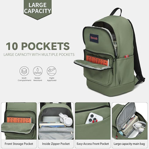 Classic Casual Backpack, Lightweight Daypack with 10 Pockets, Laptop Compartment, EVA Foam Pad (Olive)