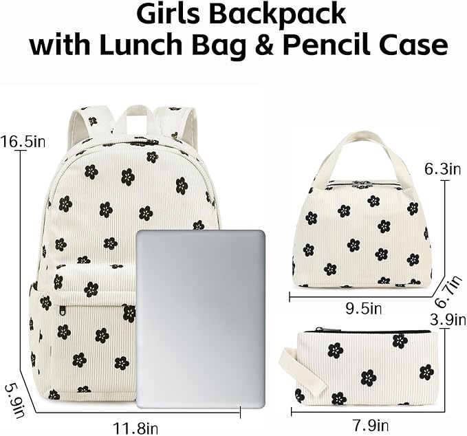School Backpack for Girls Laptop Backpack for Teen Women Preschool Kindergarten Elementary Kids Bookbags Travel Daypack with Lunch Bag and Pencil Case (Corduroy Floral)