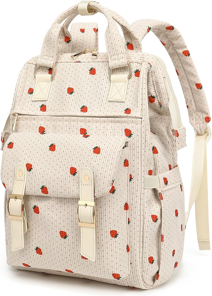 Laptop Backpacks for Women, Corduroy High School College Bookbag 15.6 Inch Laptop Bags for Girls Travel Daypack - Strawberry Beige