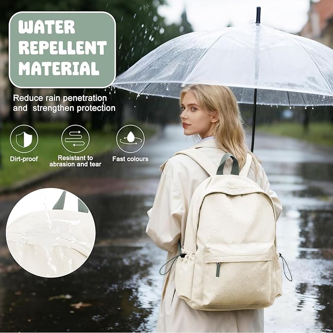 VECAVE School Backpack for Women Men, Lightweight Travel Casual Daypack Laptop Rucksack, Waterproof College High Secondary School Bags Bookbag for Boys Girls Teens BeigeGreen