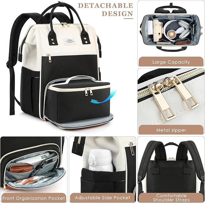 ETRONIK Lunch Backpack, 17.3 Inch Laptop Backpack with USB Port, Stylish Nurse, Teacher Work Bag with Insulated Cooler Lunch Box for Women Men/Travel, Black-Beige-Brown