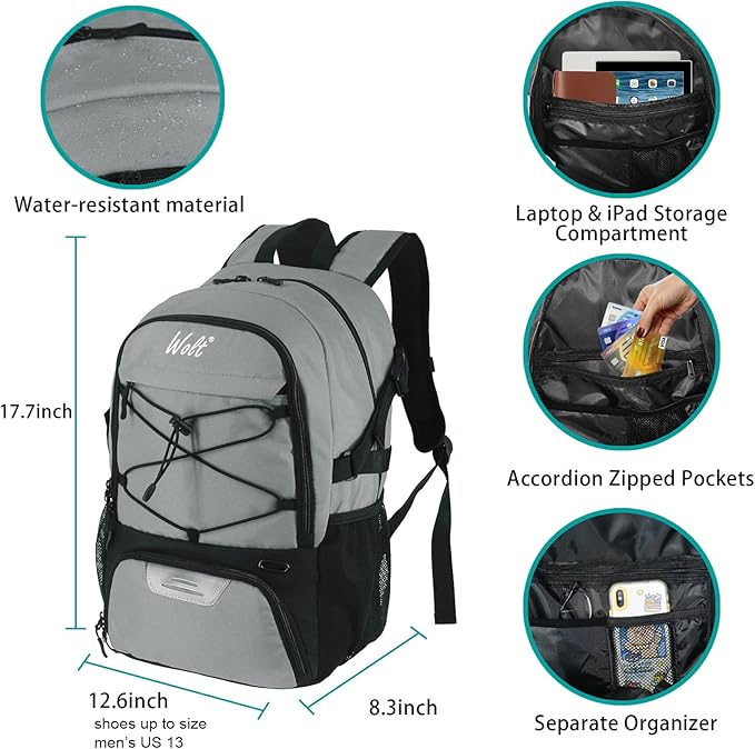 WOLT Basketball Backpack Large Sports Bag with Separate Ball Holder & Shoes Compartment, Best for Basketball, Soccer,Gym