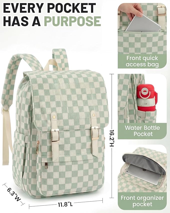 Corduroy Laptop Backpack for Women, Fits 15.6 Inch Computer Bag, College High School Bookbag Travel Daypack Purse, Work Business Bags - Corduroy Checkered Green