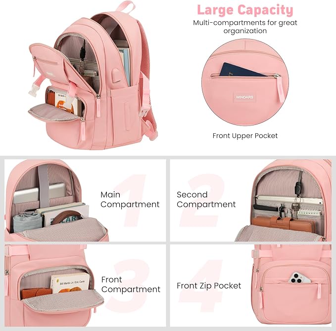 Backpack for School Girls, Cute High School Backpacks for Teens Women Student Large Bookbag 15.6 Inch Laptop Bag with USB Charger Port for College Work Travel Trip (Pink-2)
