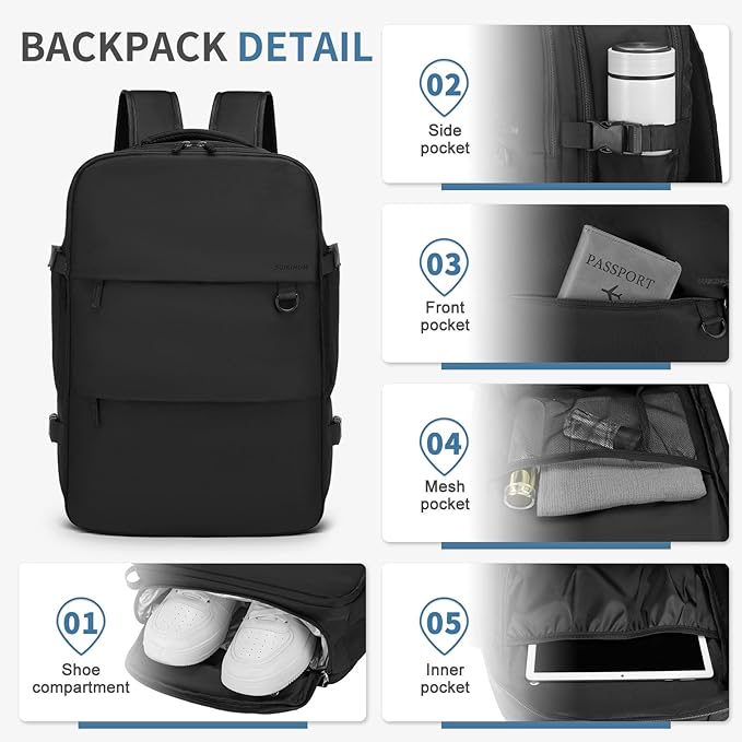 Travel Backpack for Men Women, 35L Laptop Backpack W/Shoe Compartment, Water Resistant Flight Approved Fits 15.6-inch Laptop, Black