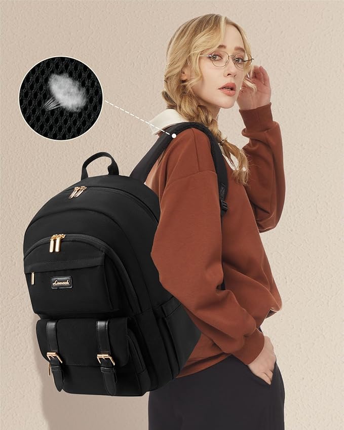 LOVEVOOK School Backpack for Women 15.6" Black Bookbag for Girls in Highschool College Casual Daypack Backpacks Water Resistent