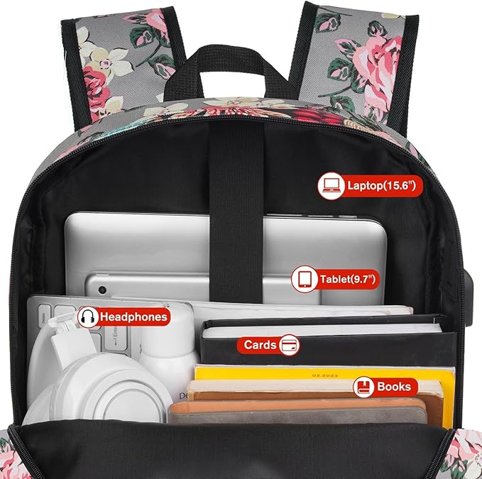School Backpack Women and Teen Girl,Classic Bookbag Schoolbag with USB Port for High School College Office Work Travel 15.6 inch Gray Flower