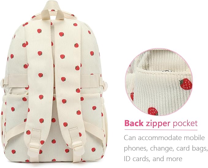 Girls Backpack for College High Middle School Student, Cute Aesthetic Bookbag for Teens Women with Accessories, Beige Strawberry