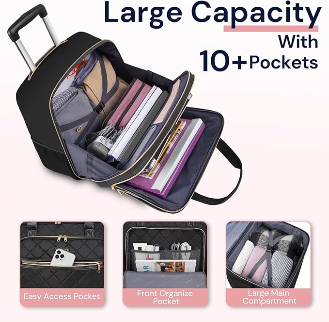 Ytonet Rolling Briefcase for Women, 2pcs Set 15.6 Inch Travel Backpack with 17.3 Inch Rolling Laptop Bag, Large Roller Laptop Briefcase with Wheels, Water Resistant Roller Teacher Bag for work, Black