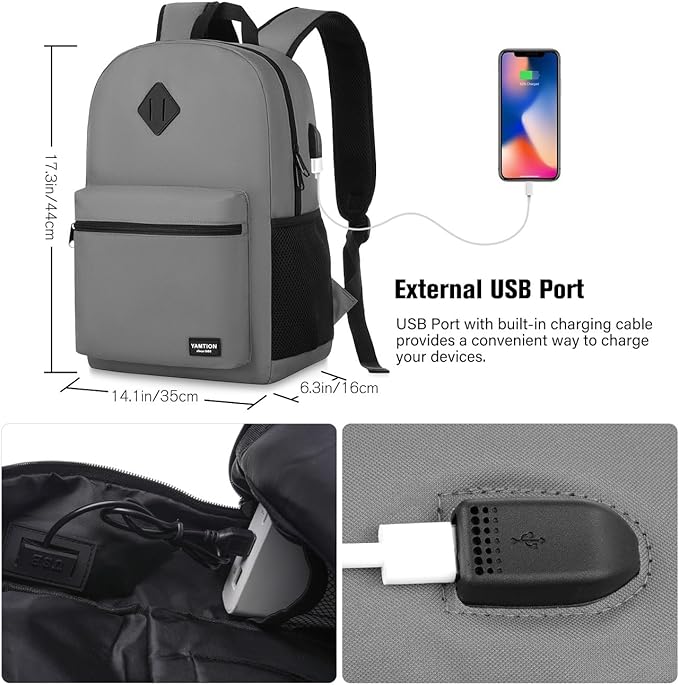 School Backpack,Unisex Classic Bookbag Teens Schoolbag with USB Port for High School College Office Work Travel