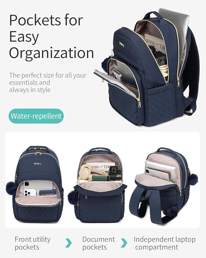 Laptop Backpack Women School Backpack for High School Teen Girls, Water Resistant College Bookbag with Charging Hole for Travel Work, Navy