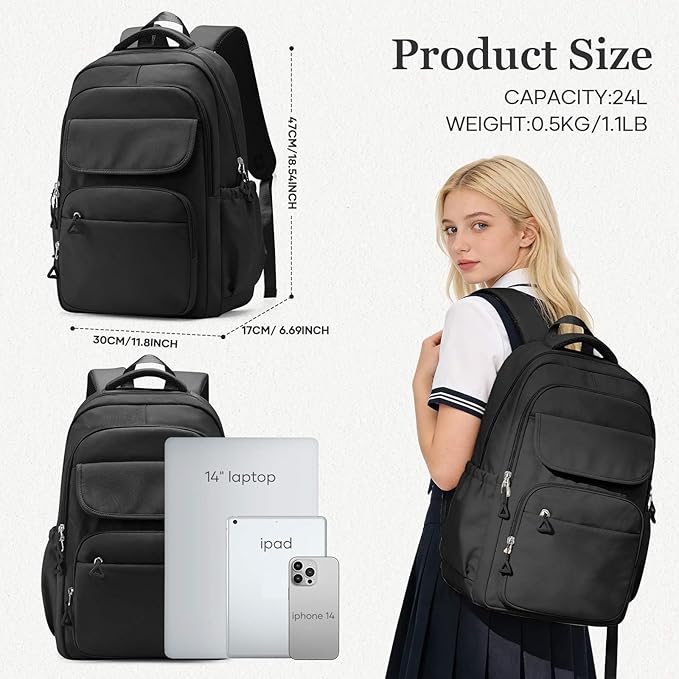 Cute Black School Backpack for Teens Girls Boys Waterproof School Bag Basic Backpack for College Students Multi Pocket Backpack Lightweight Casual Daypack Backpacks for Women Men