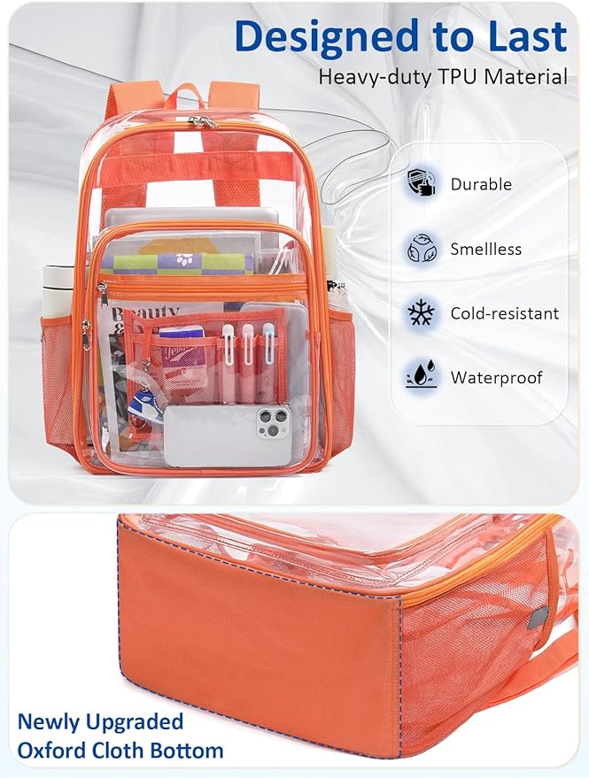 Extra Large Clear Backpack with TSA Lock, Heavy Duty Transparent See Through Clear Bookbag for College, Work, Travel, Casual Sport, Orange