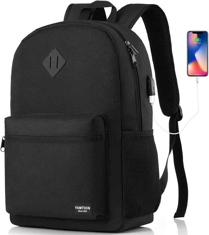 YAMTION Black Backpack for Women Men,Casual School Backpack Teen Boys and Girls 15.6 Inch Laptop Bookbag with USB Charger for College High School Travel Business