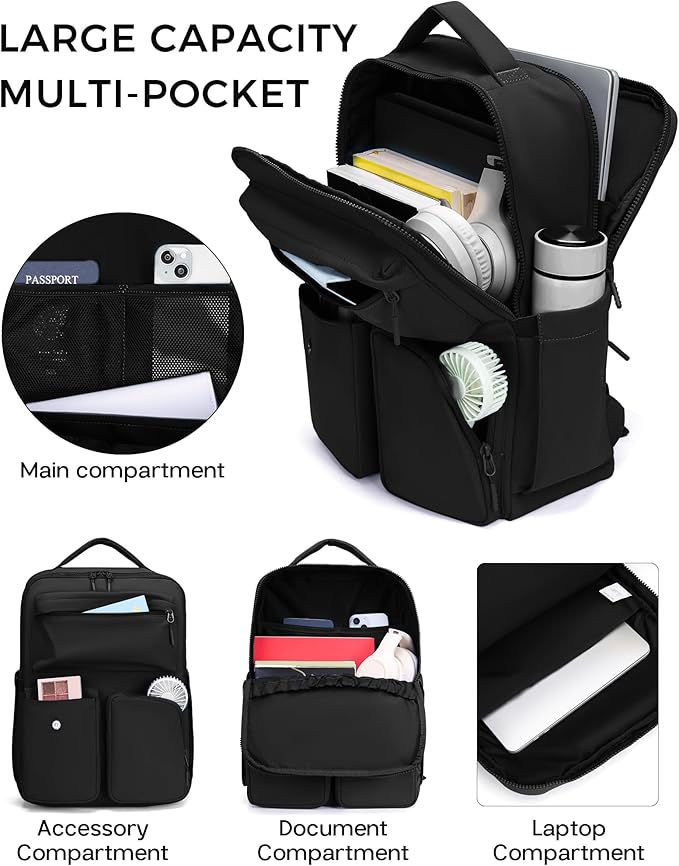 FODOKO Backpack for Work, Casual Backpack for Women Men Daypack Backpack for Travel College Bookbag Separate Compartment for 15.6 Inch Notebook Black