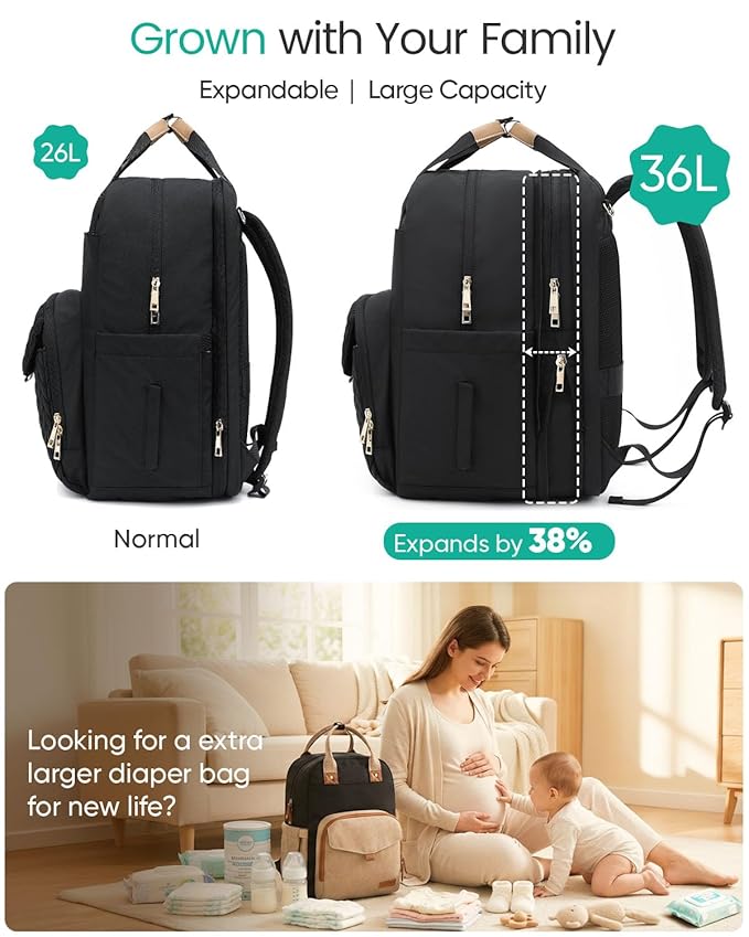 Extra Large Diaper Bag Backpack for Two Kids Twins - Expandable (26-36L) Baby Bag for Mom Girls Boys, Dual Big Compartments - Includes Changing Pad & Stroller Straps, Black, Quilted