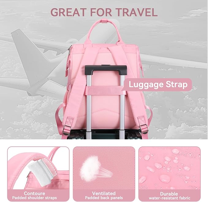 Laptop Backpack for Women & Men. 15.6 Inch Computer Backpack for Work Business, Waterproof Teacher Nurse Bag with Large Capacity, Lightweight College Bookbag Bags, Casual Daypack for Travel Pink