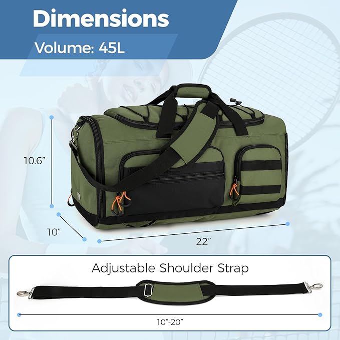 Searock 45L Gym Bag for Men, 3-In-1 Duffle Bag Backpack for Travel, Sports Duffel Bags for Gym Workout, Weekender Overnight Bag with Shoe Compartment, Wet Pocket, Green